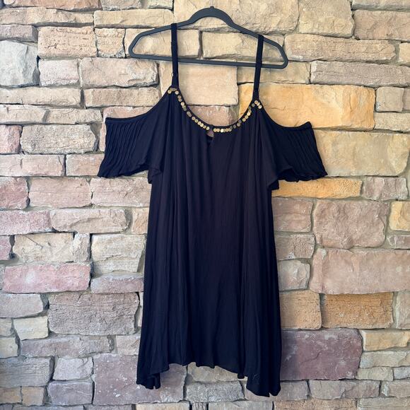 EUC TORRID 4XL Mini Gauze Black Cold Shoulder Trapeze Gold Accent Mini Dress - Picture 4 of 15